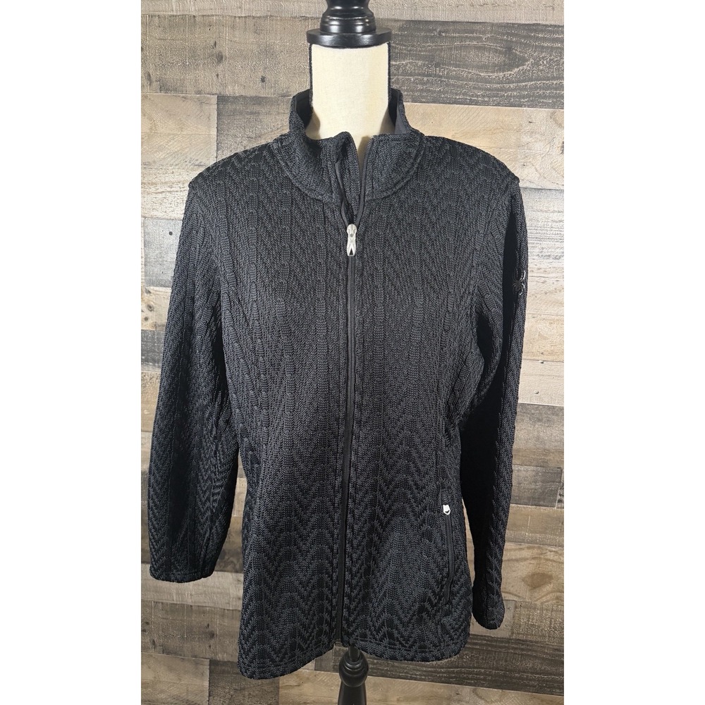 Spyder Core Sweater Full Zip Jacket Womens XL Black Cable Knit Fleece Lining - Picture 2 of 7